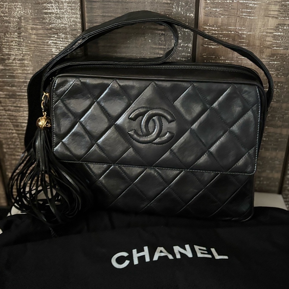 SOLD - Chanel Quilted Matelasse CC Fringe Black Lambskin Shoulder Bag  Dustbag